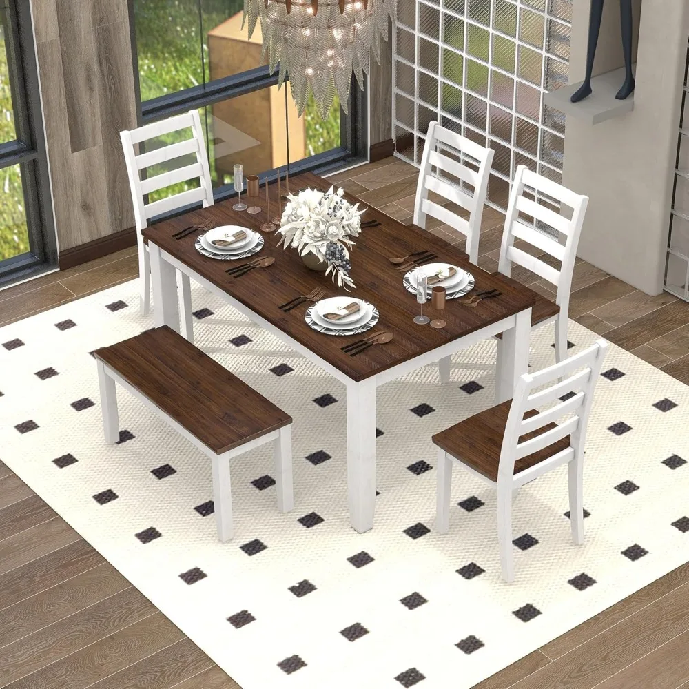 Solid Wood Kitchen Table Set with Bench and Chairs for 6 Rustic 6 Piece Dining Room Table Set