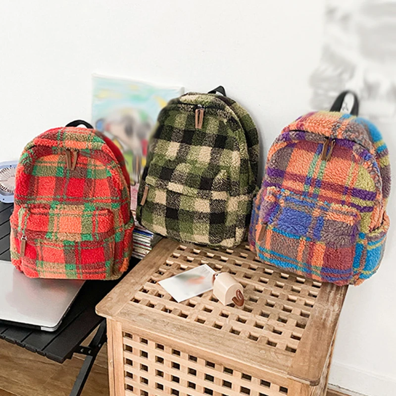 Fluffy Backpack Large Capacity Daypack Multi-Pocket Laptop Pack Winter Soft pack Women Plush School Backpack Vintage Plaid Bag