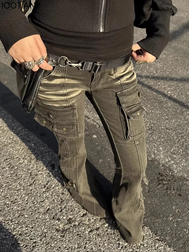 Y2k Retro Punk Kadın İspanyol Paça Kot Pantolon Harajuku Eskitme Görünümlü Düşük Bel Amerikan Çok Cepli Denim Tulum Günlük Mikro İspanyol Paça Pantolon
