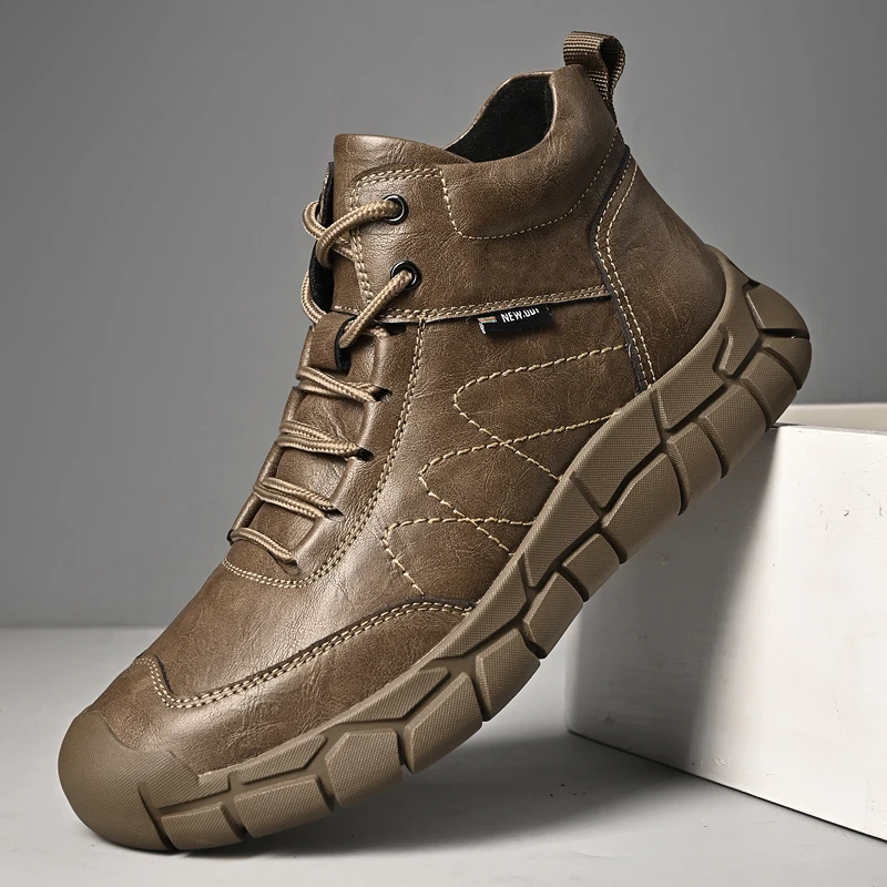 Nuovi scarponi da trekking in pelle retrò da uomo antiscivolo suola spessa foderati caldi (peluche/pile) per campeggio all'aperto Trekking Autunno Inverno