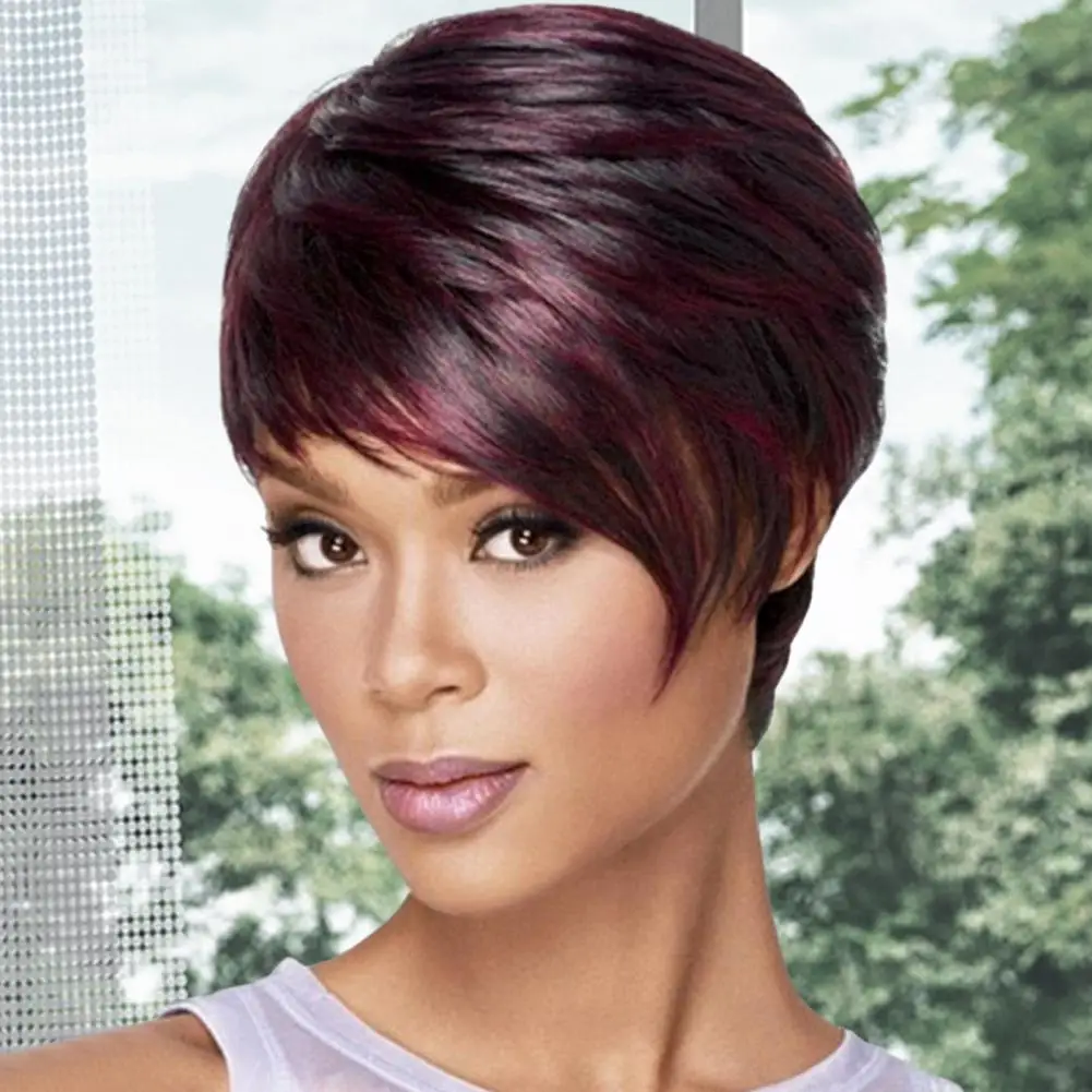 

Женские короткие прямые парики с частичной челкой, натуральный вид, из термостойкого шелкового волокна, долговечные, модные, пушистые, цвета винного красного.