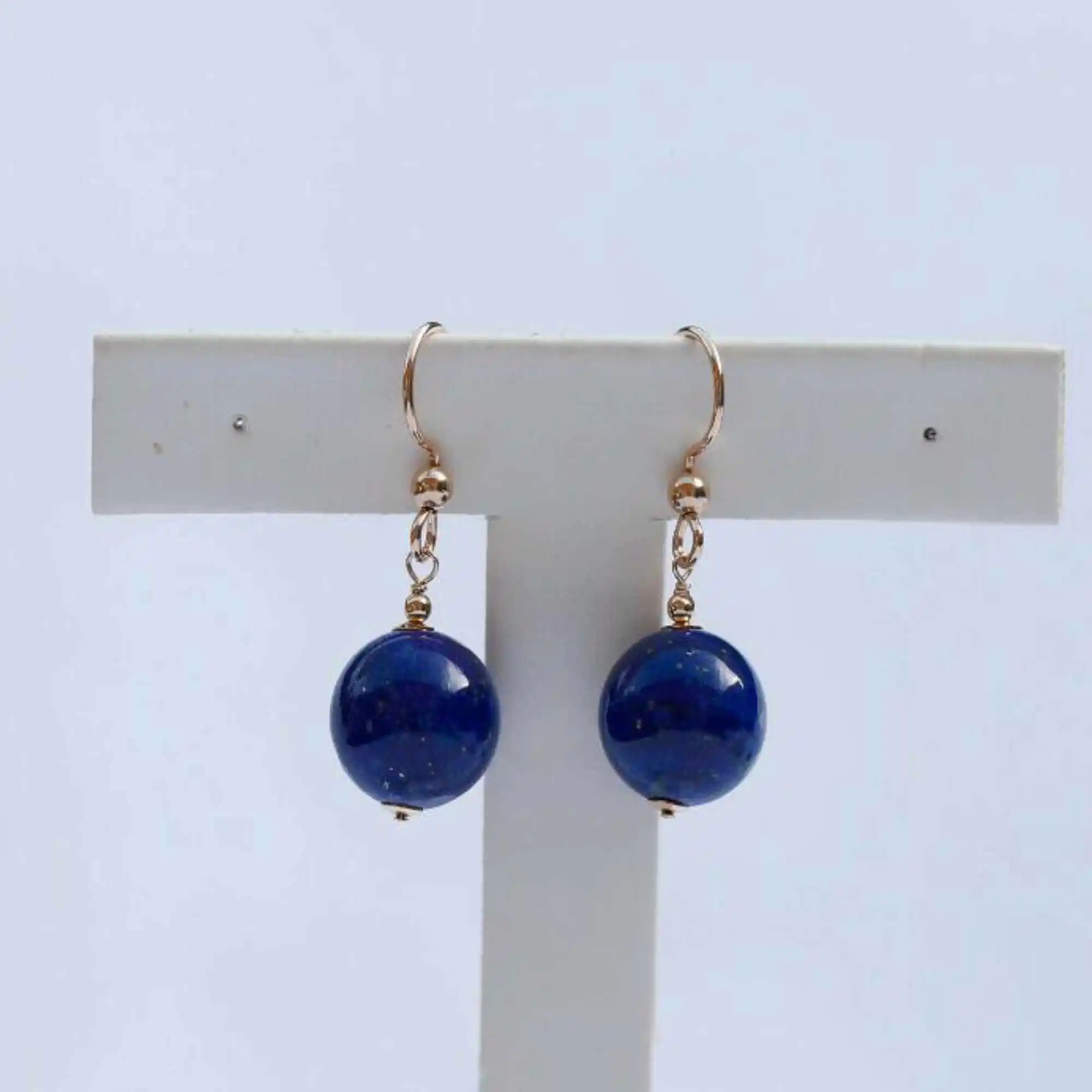 Karma natural dark blue lapis lazuli round 14k gold earrings Classic Jewelry VALENTINE'S DAY Aquaculture