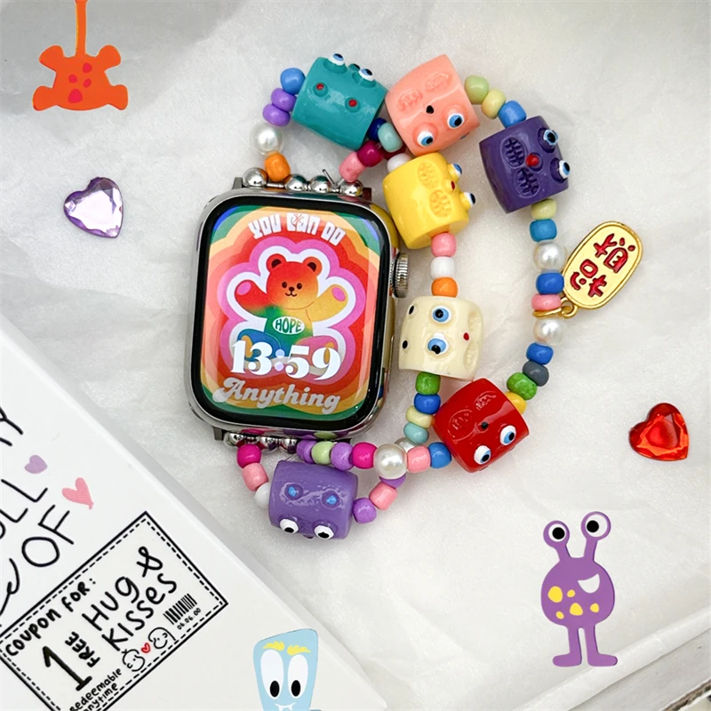 Lovely Cartoon Monster Bead Strap For Apple Watch 9 8 7 6 5 4 3 2 SE Ultra Cute Elastic Band For iWatch 41mm 49 45 42 40 38mm