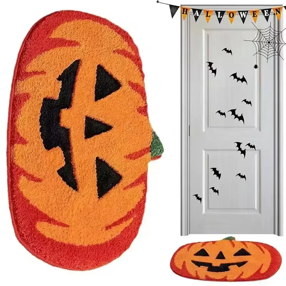 Cartoon Cute Ghost Faced Pumpkin Shape Carpet Halloween Atmosphere Decoration Bathroom Water Absorbing Thickened Flocked Doormat