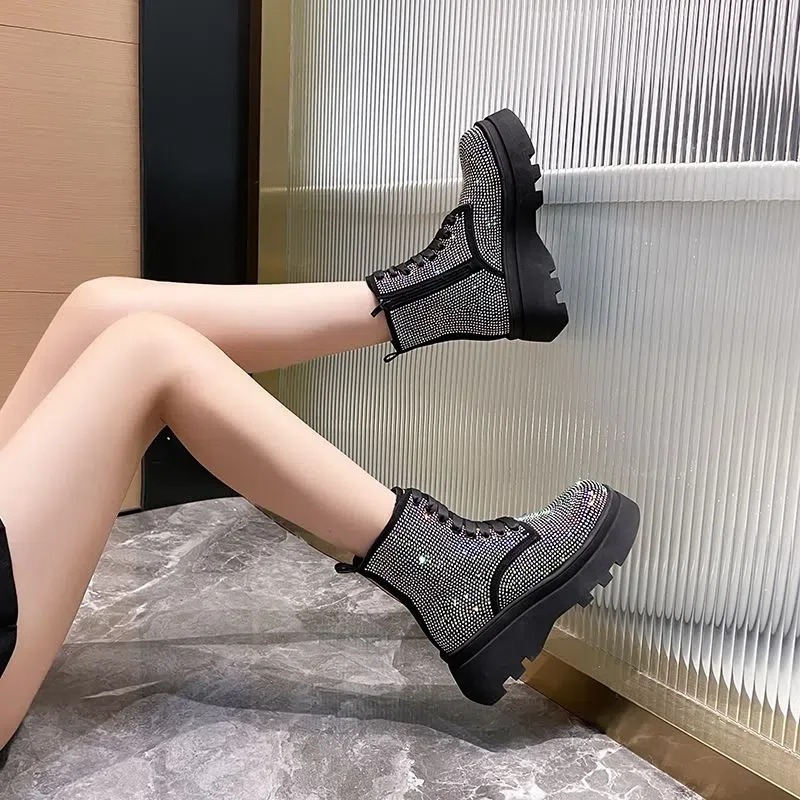 New Fashion Bling Crystal Chunky Ankle Boots for Women Luxury Rhinestones Winter Shoes Woman Thick Bottom Platform  2022 Spring