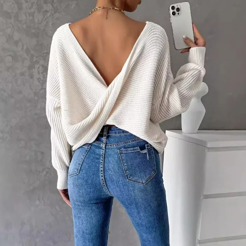Women Sexy V-Neck Open Back Sweaters Casual Solid Loose Cross Knitted Pullover Women Batwing Long Sleeve Sweater Tops Pullovers 2