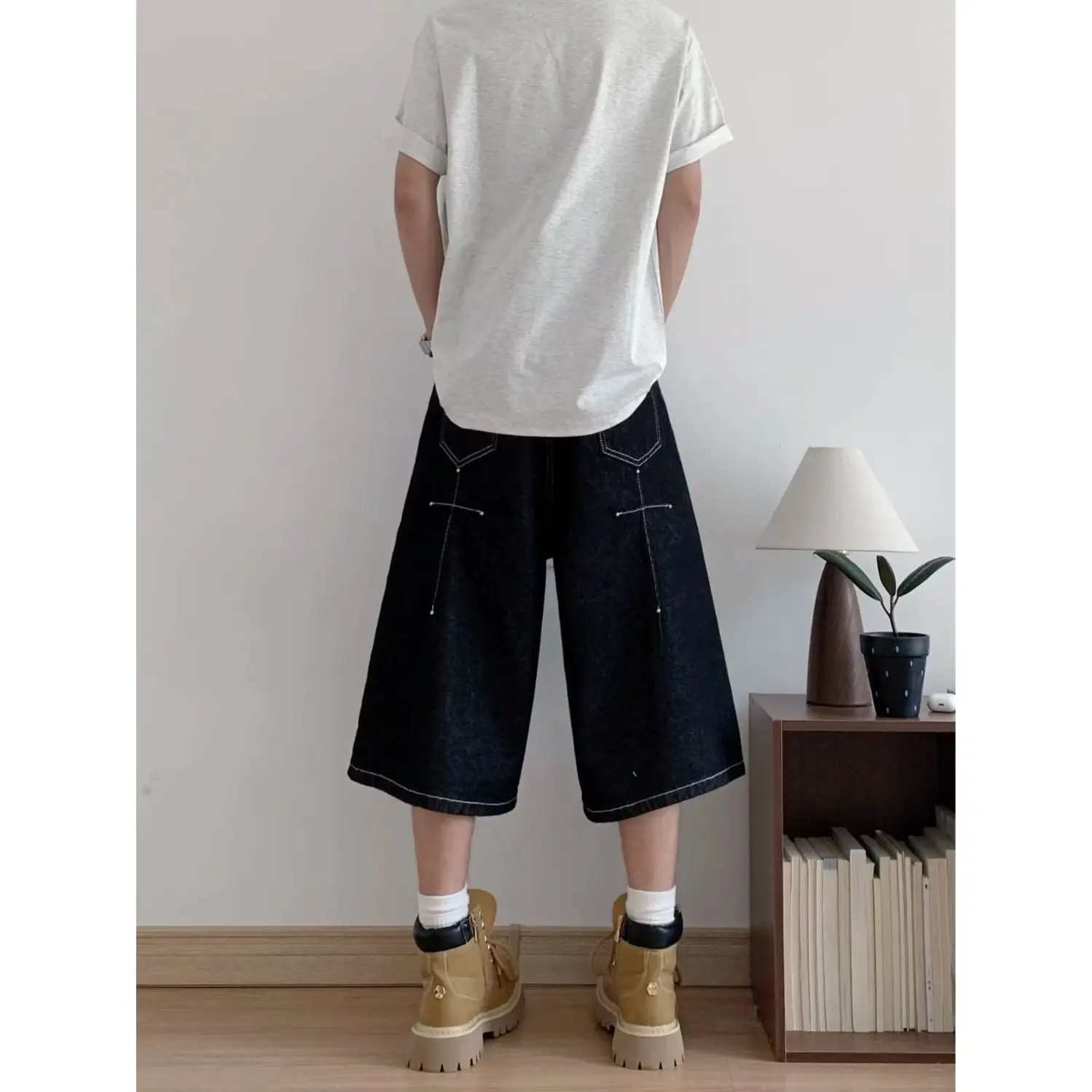 Men's Simple Bright Line Cropped Jeans Cool Boy Mini Pants Summer Shorts Wide Leg Casual Bottom Male Calf-length Trousers