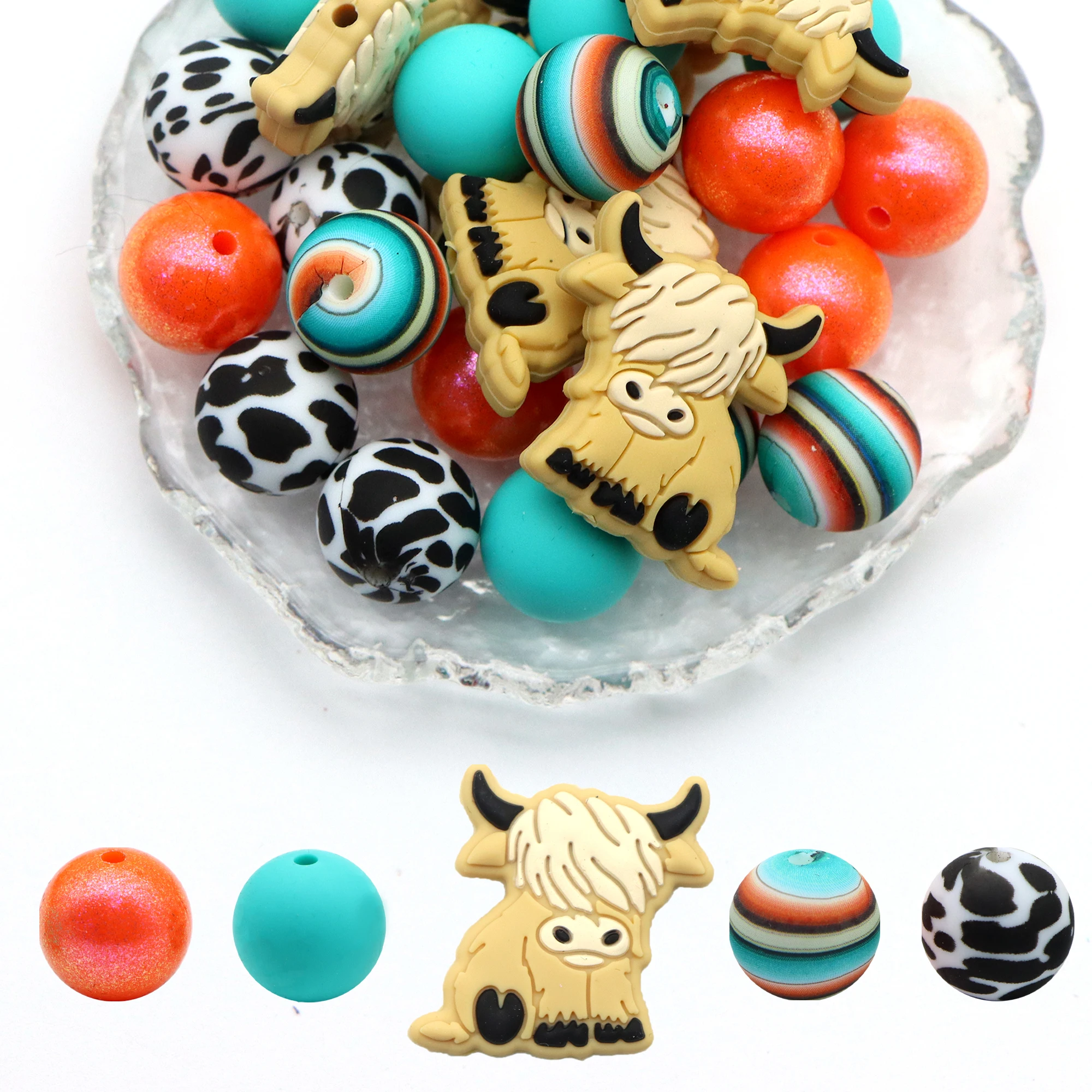 25 Pcs/Set Silicone Beads Animals Loose Beads Lentil Round Set Keychain Bracelet Necklace Accessories DIY For Jewelry