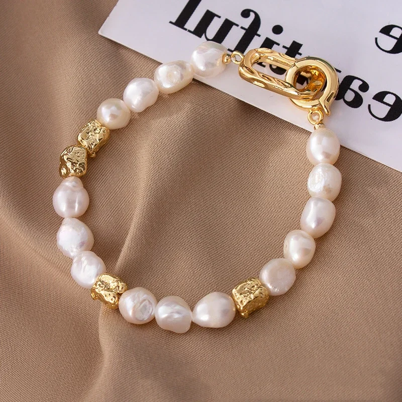 Natural Baroque Freshwater Pearl Bracelet Elegant Gold Color Charms Bangles for Women Luxury Personality Jewelry