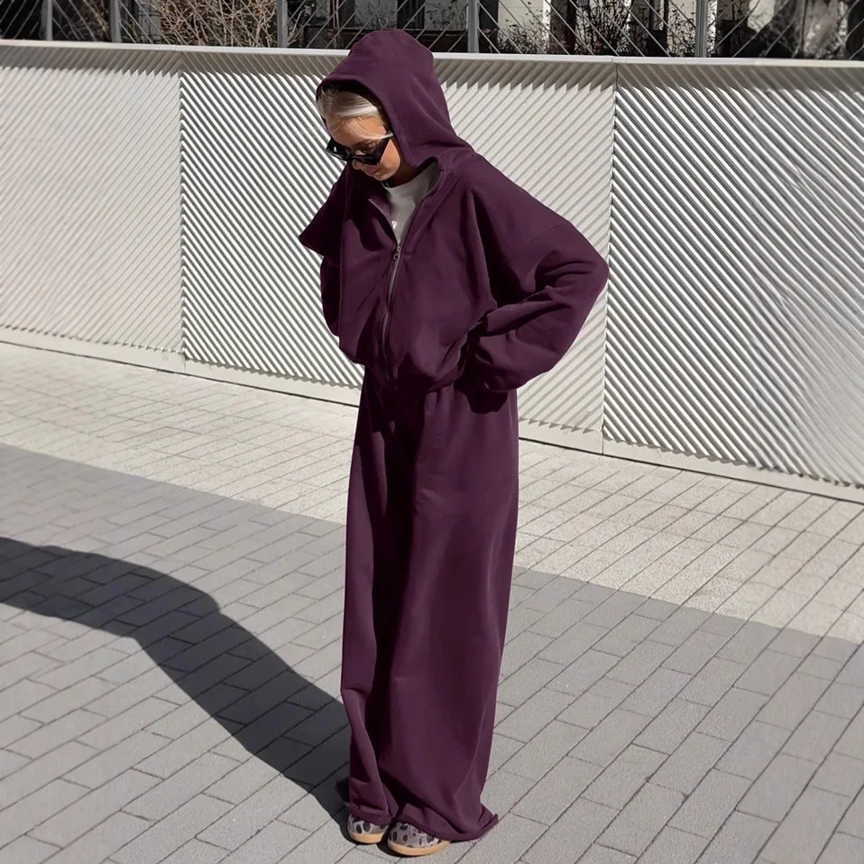 Fall Solid Color Hooded Zipper Sweatshirt Jacket and Casual Loose Pants Set Autumn Women's Casual Loose Sports 2-Piece Setinter