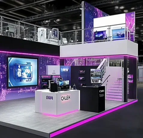 Cabine modular de duas histórias com design de suporte de exposição de luminares criativos de deck duplo personalizado para qualquer show comercial