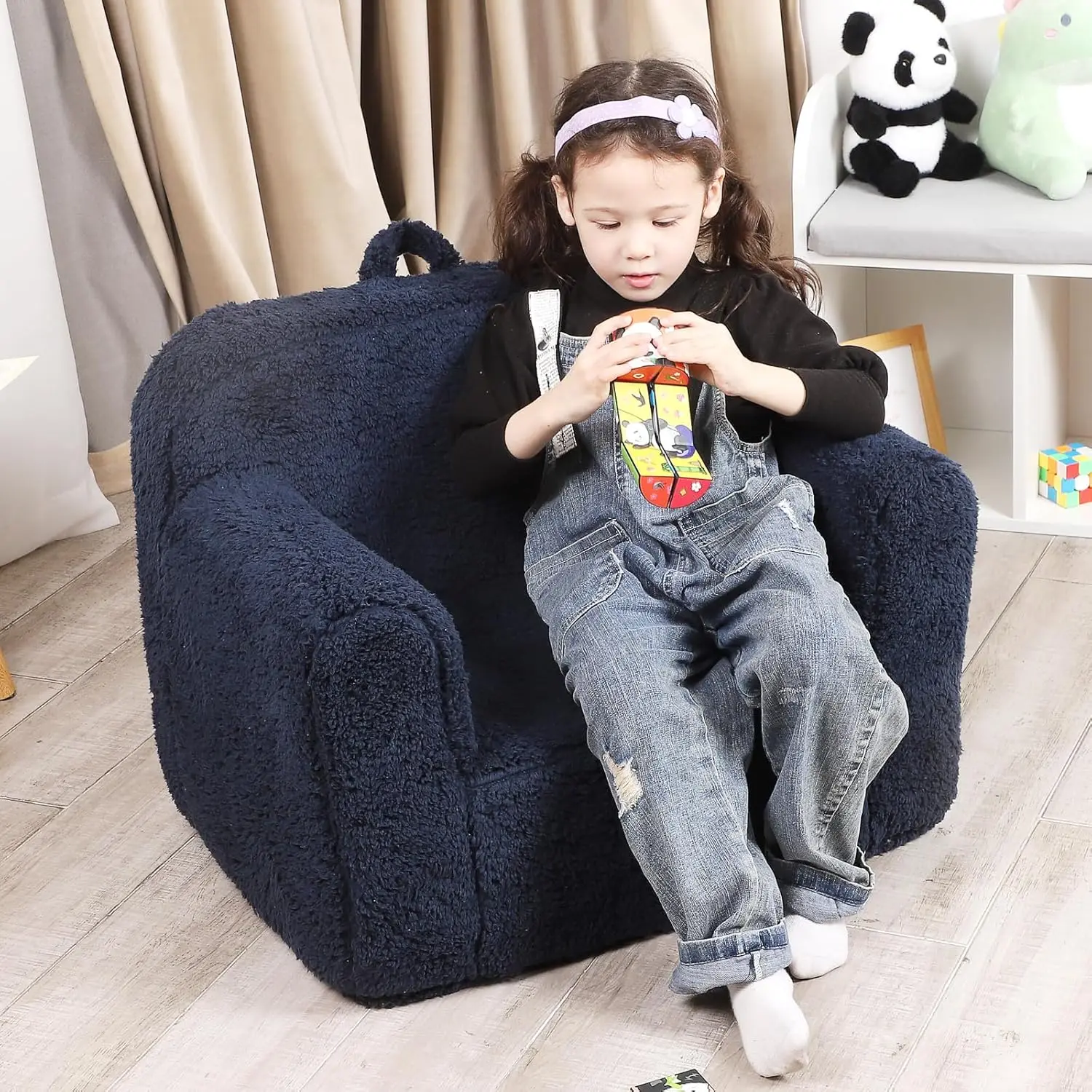 Kids Snuggly-Soft Sherpa Chair Cuddly Toddler Foam Chair for Boys and Girls, Dark Blue