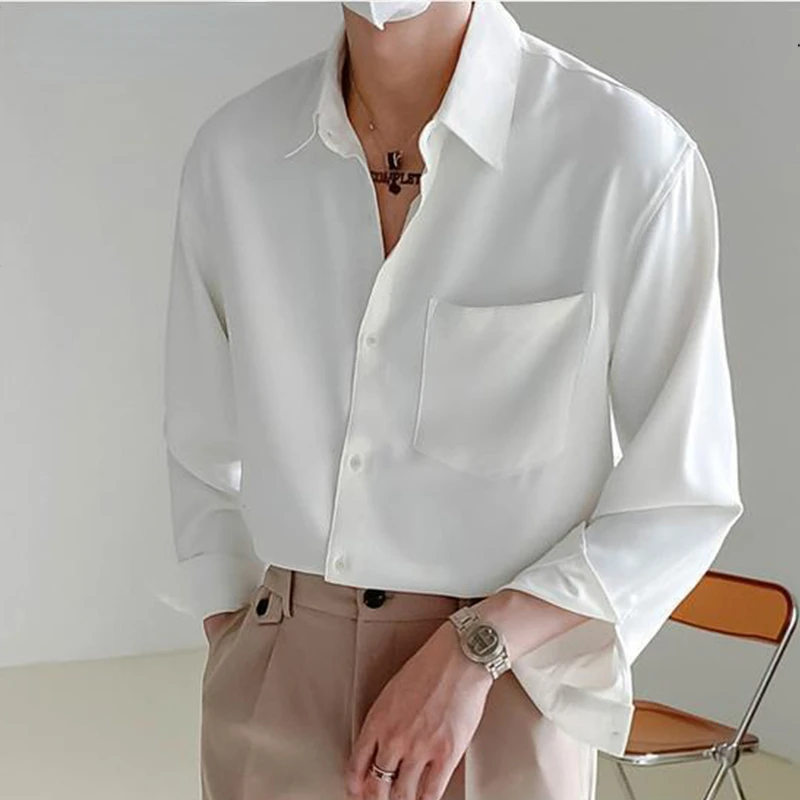 Spring Autumn Trendy Fashion High-end Male Blouse Long Sleeve Simple Casual Chic Shirt Loose Drape Solid Color All Match Top Men