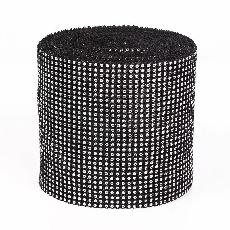 1 Yard Silver Round 24 Rows Black Base Sparkle Rhinestone Crystal Diamond Mesh Wrap Roll Ribbon