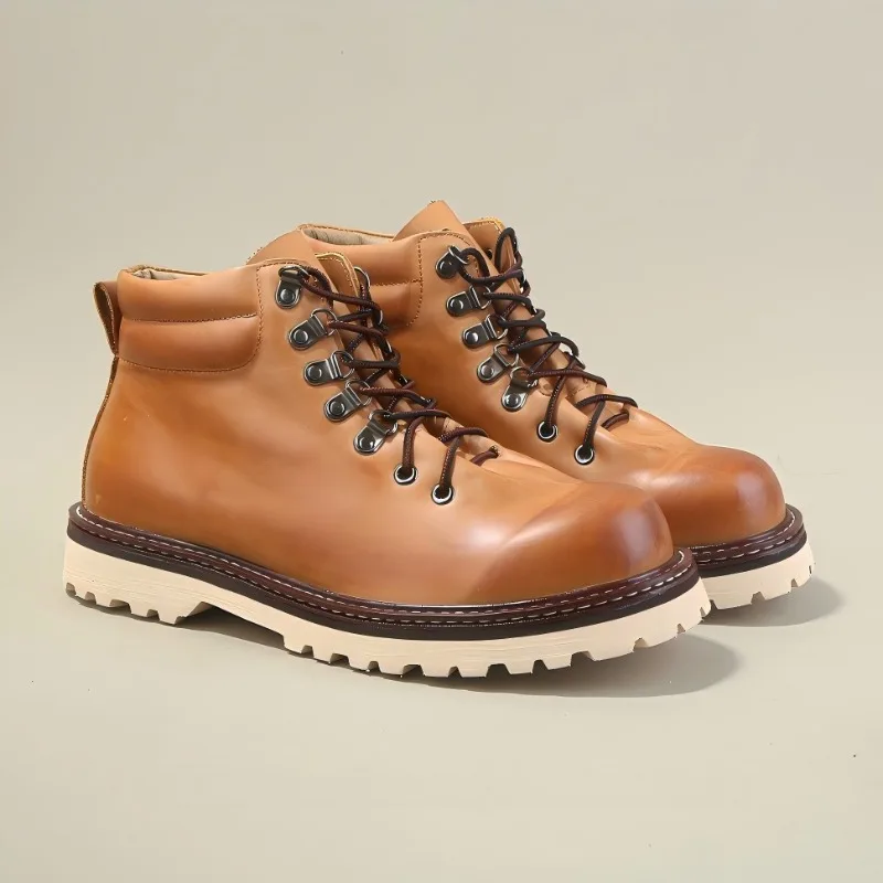 

Винтажные мужские рабочие ботинки ручной работы из натуральной кожи на шнуровке, уличная повседневная походная обувь, британские мотоциклетные ботинки