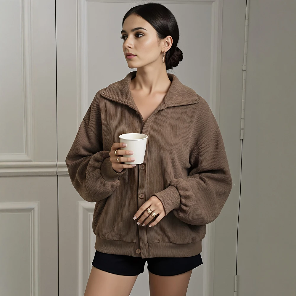 Luźna koszula zimowa z kołnierzykiem, casualowa bluzka damska, wygodna odzież w stylu casual.