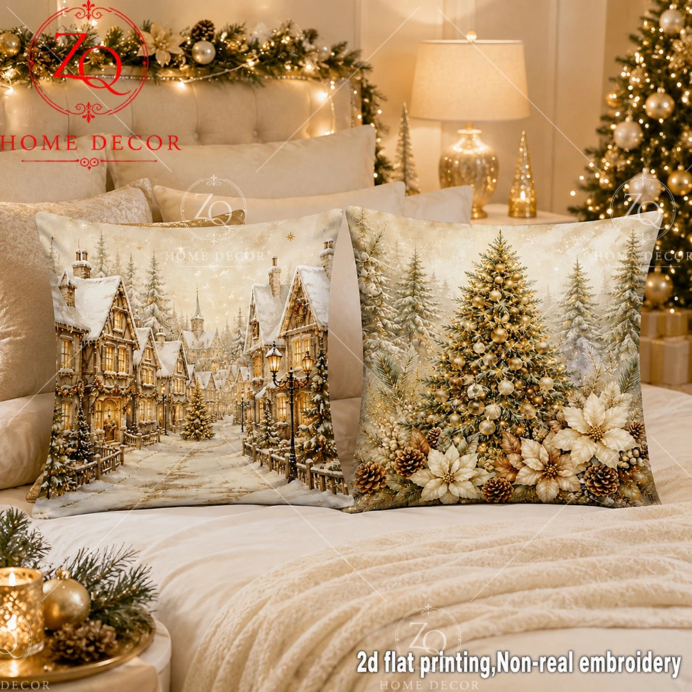 Vintage Christmas  Throw Pillow Covers Winter Snowy Village Xmas Tree Decorative Pillowcases For Couch Bedroom