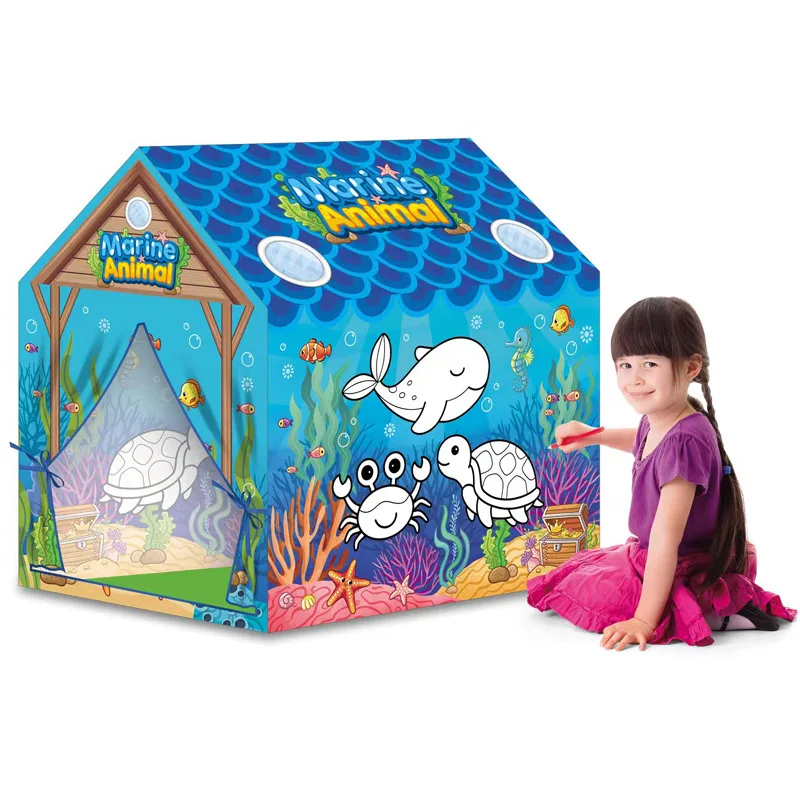 Tente pliante de peinture de dessin animé pour enfants, tente de jouet portable pour enfants, maison de jeu de princesse de dinosaure d'océan bricolage, tente intérieure et extérieure pour garçons et filles