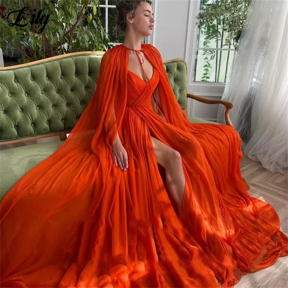 Lily Orange V Neck Prom Evening Dresses Gowns Spaghetti Strap Formal Gown Side Split Chiffon Evening Gowns vestidos de noche