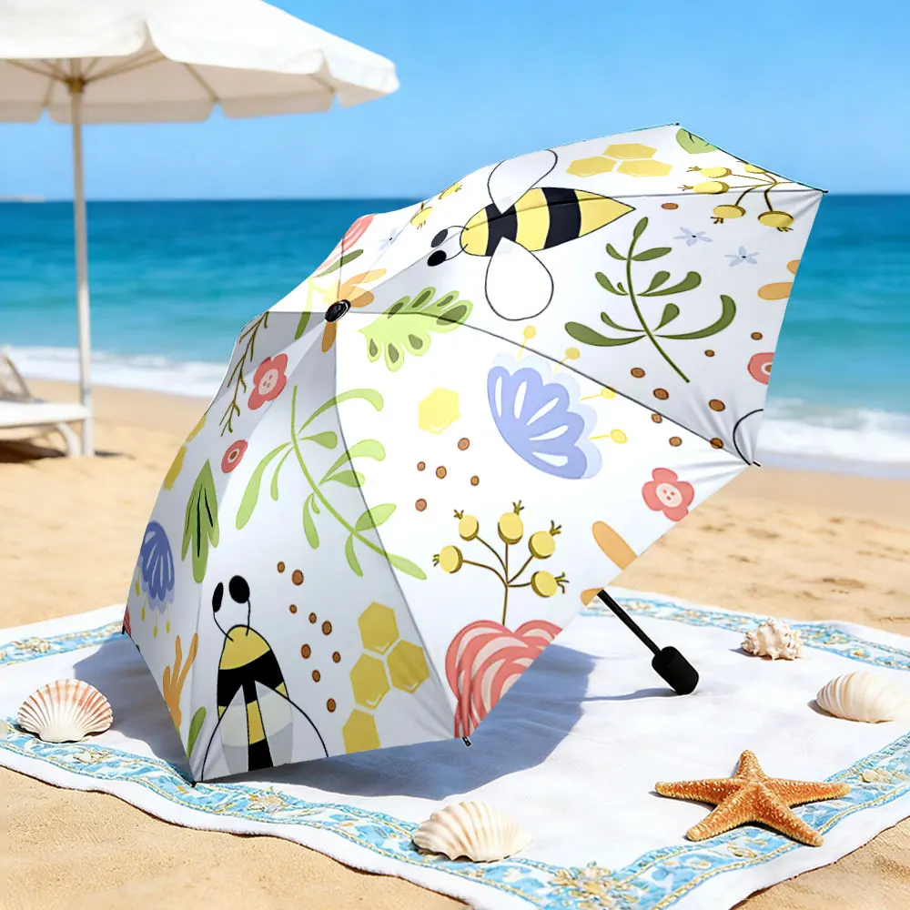 1PC Nature-Inspired Bee Umbrella by the Lake Print 8 Iron Ribs Folding Umbrella Auto-Open Fashion Sunshade