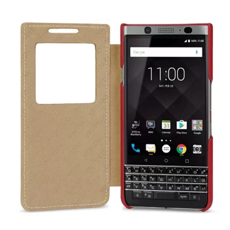 Genuine Leather Case For Blackberry KEYone Window View Flip Phone Cover Shell Skin for Blackberry KEY one PRESS Cover Bag