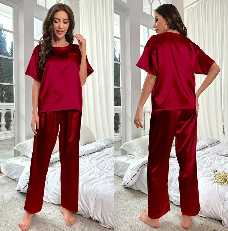 

Women's Satin Pajamas Set Autumn Short-sleeved Top Trousers Pajamas 2-piece Suit For Women Casual