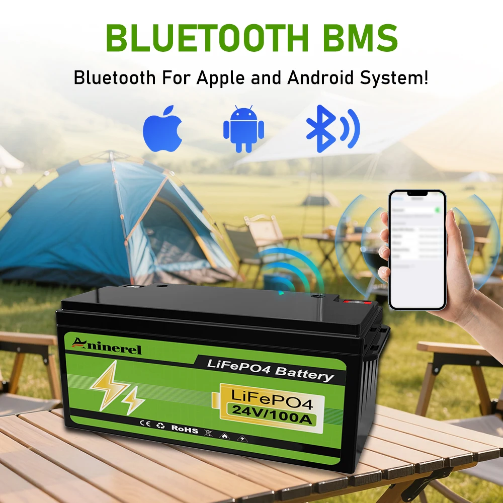 Aninerel 24V 100Ah LiFePO4 Solar Battery 2.56KWh Lithium Battery Pack IP65 waterproof rating Grade A Cells 6000+ Cycle For Home energy storage 25.6V-100AH