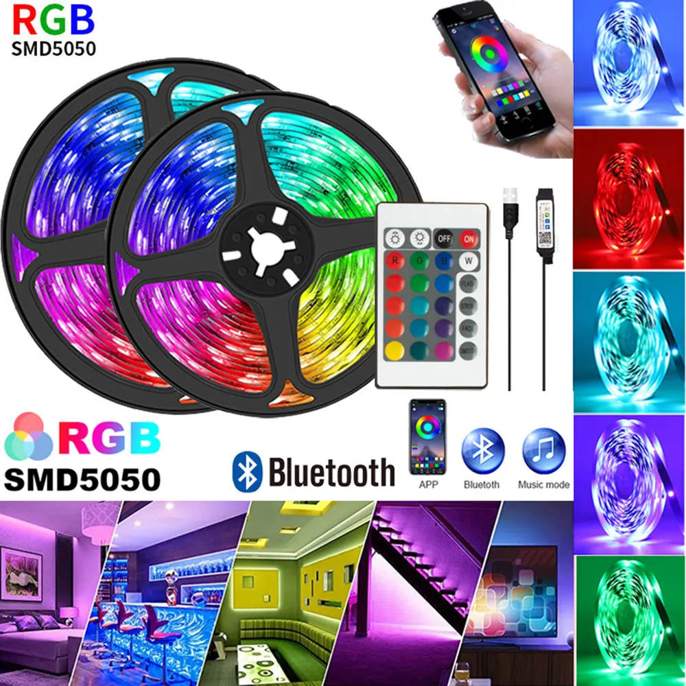 5050 5/10M RGB Led Strip Lights Bluetooth TV Smart Wall Lamps Christmas Decoration Bedroom Closets Aesthetic Room Decor Light