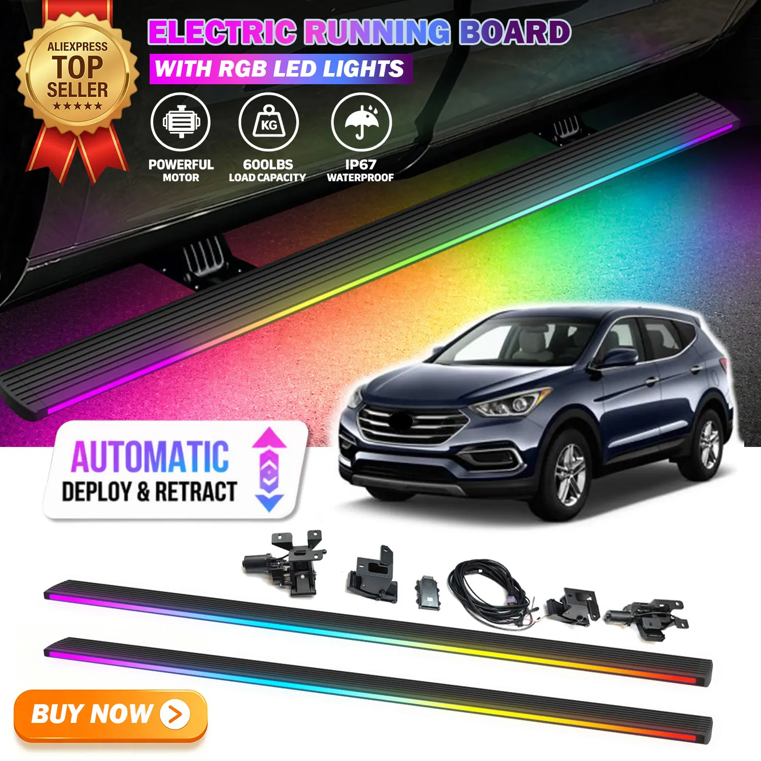 Deployable Power Electric Running Boards Fits For Hyundai Santa Fe 2013-2018 with LED Light Strips Side Step Nerf Bars