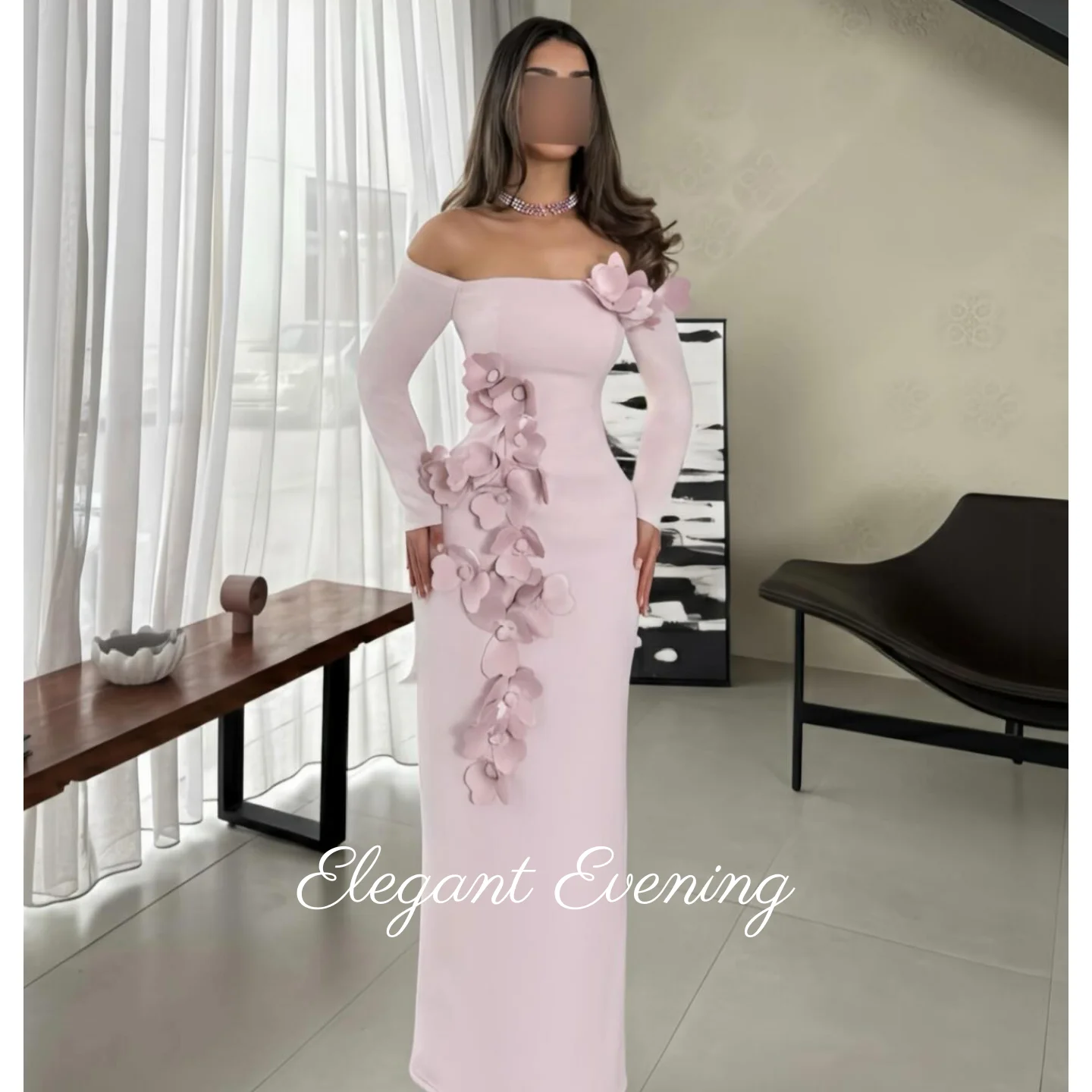 Pink Flower Off Shoulder Evening Dresses Mermaid Prom Dress Saudi Arabia Women's Formal Request Wedding Dress Customized