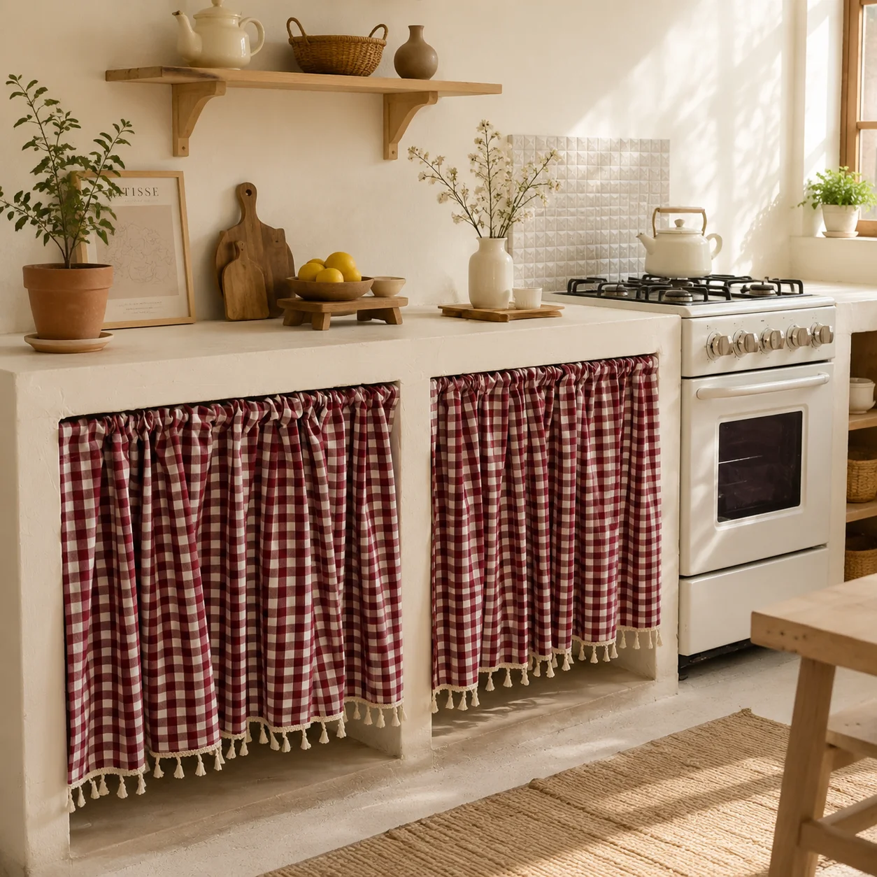 1pc Gingham Check Short Curtain Red White Tassel Edge Half Curtain Home Kitchen Cupboard Sink Skirt Curtain Christmas Decor