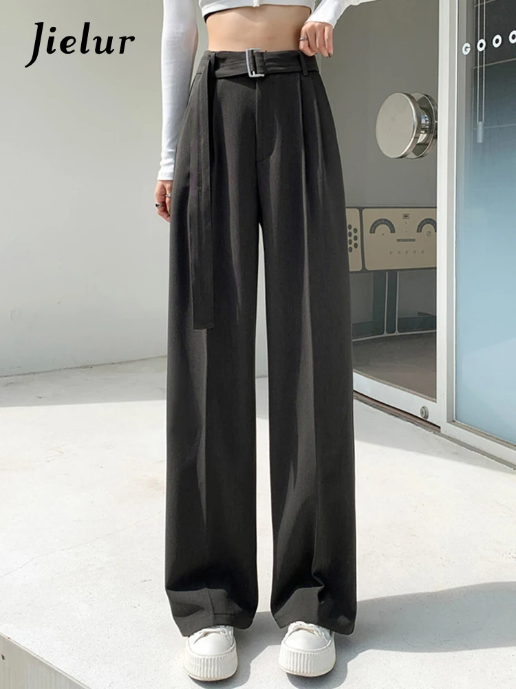 Jielur Black Straight Casual Belt Female Suit Pants Loose Fashion Autumn Solid Color Wide Leg Pants Basic Office Lady Grey Khaki