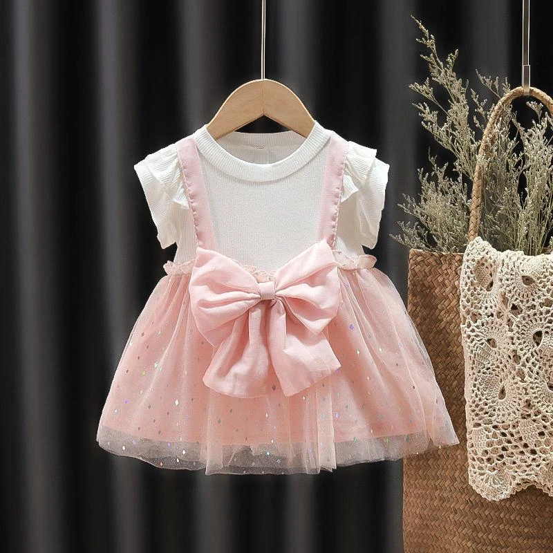 (9 Months -3 Years Old) Summer New Sweet Bow Baby Girl Princess Dress Korean Style Fake Two Children\'S Clothes