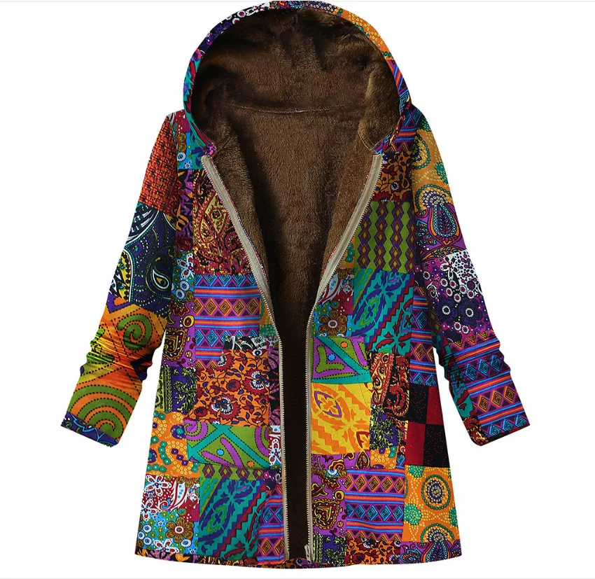 Autumn/ Winter Womens  Cotton And Linen Coat Striped Printed Zipper Hooded Jacket