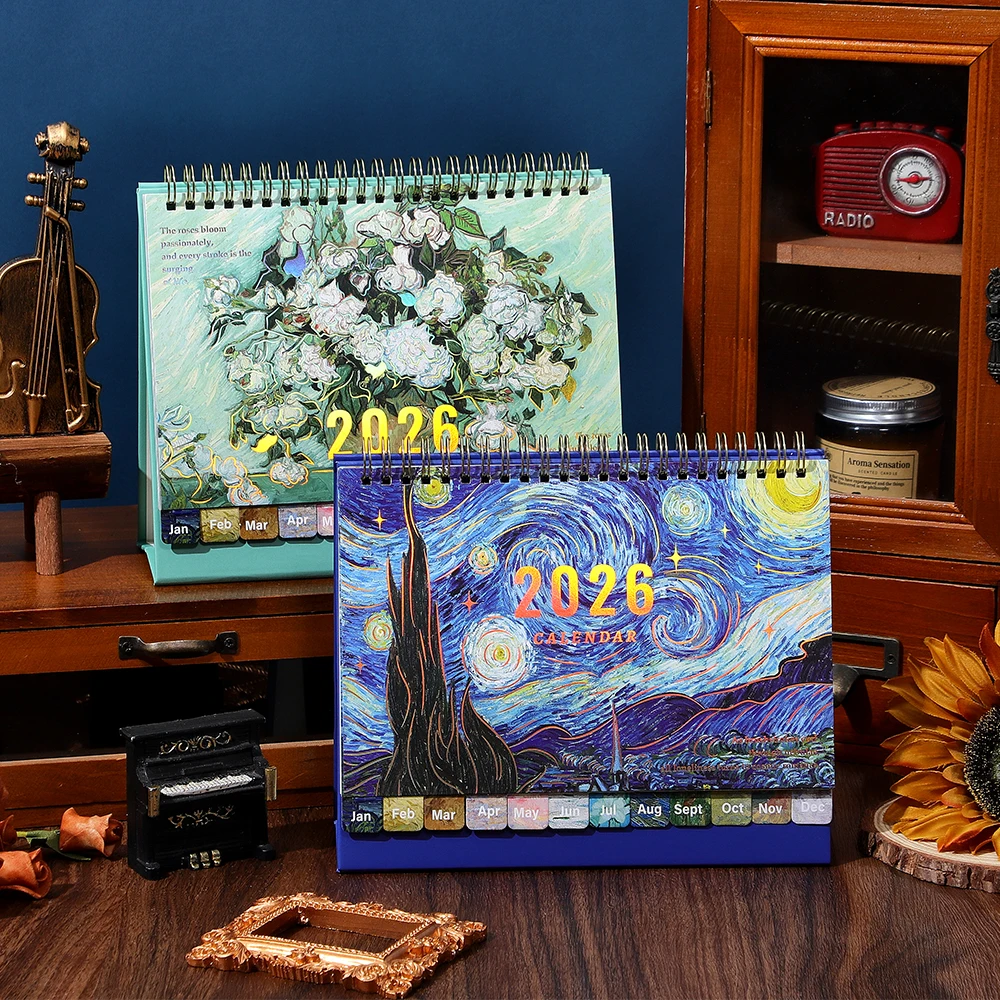 

2026 Vintage Painting Calendar With Sticker Month Index Schedule Monthly Calendar Daily Weekly Monthly Organizer Desk Calendar