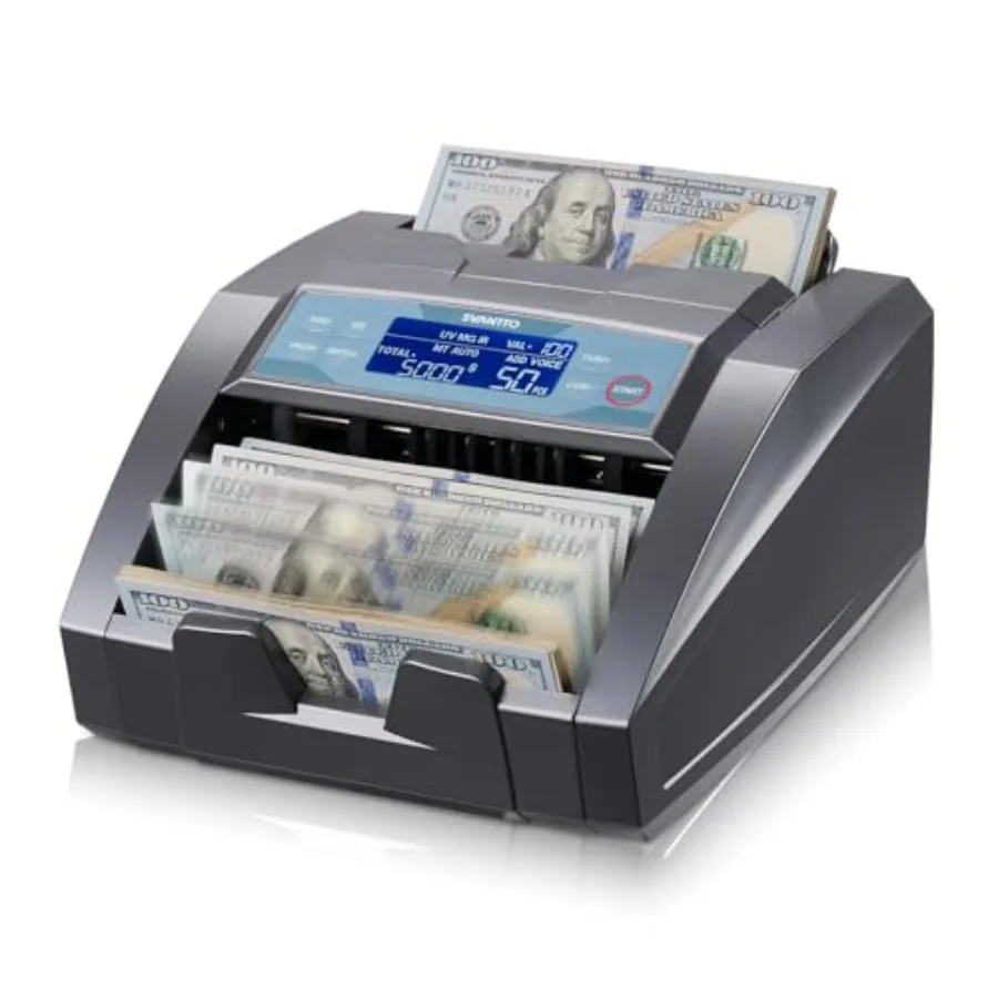 

Money Counter Machine for Dollar/Euro bills, ABS plastic, black, value count and 8-layer counterfeit detection MT/UV/MG/IR/DD/D