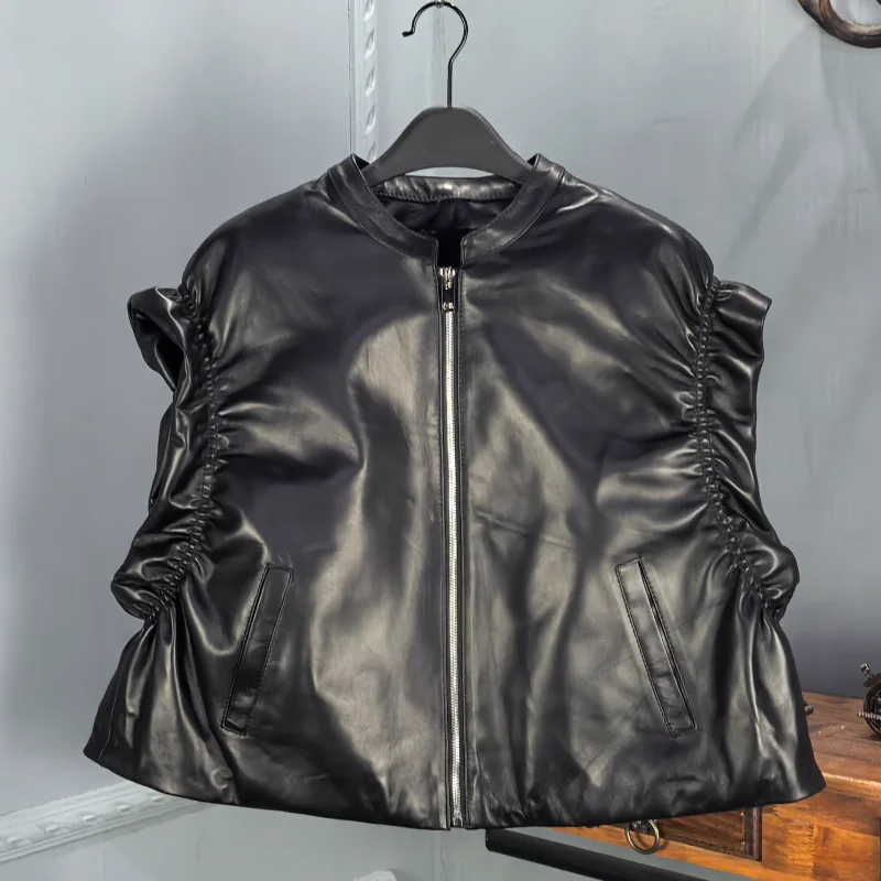 

Fall 2026 New Sle Women's Genuine Leather Vest round Ne Gathered eepskin Cotton Lined Svel Faion ort oulder...