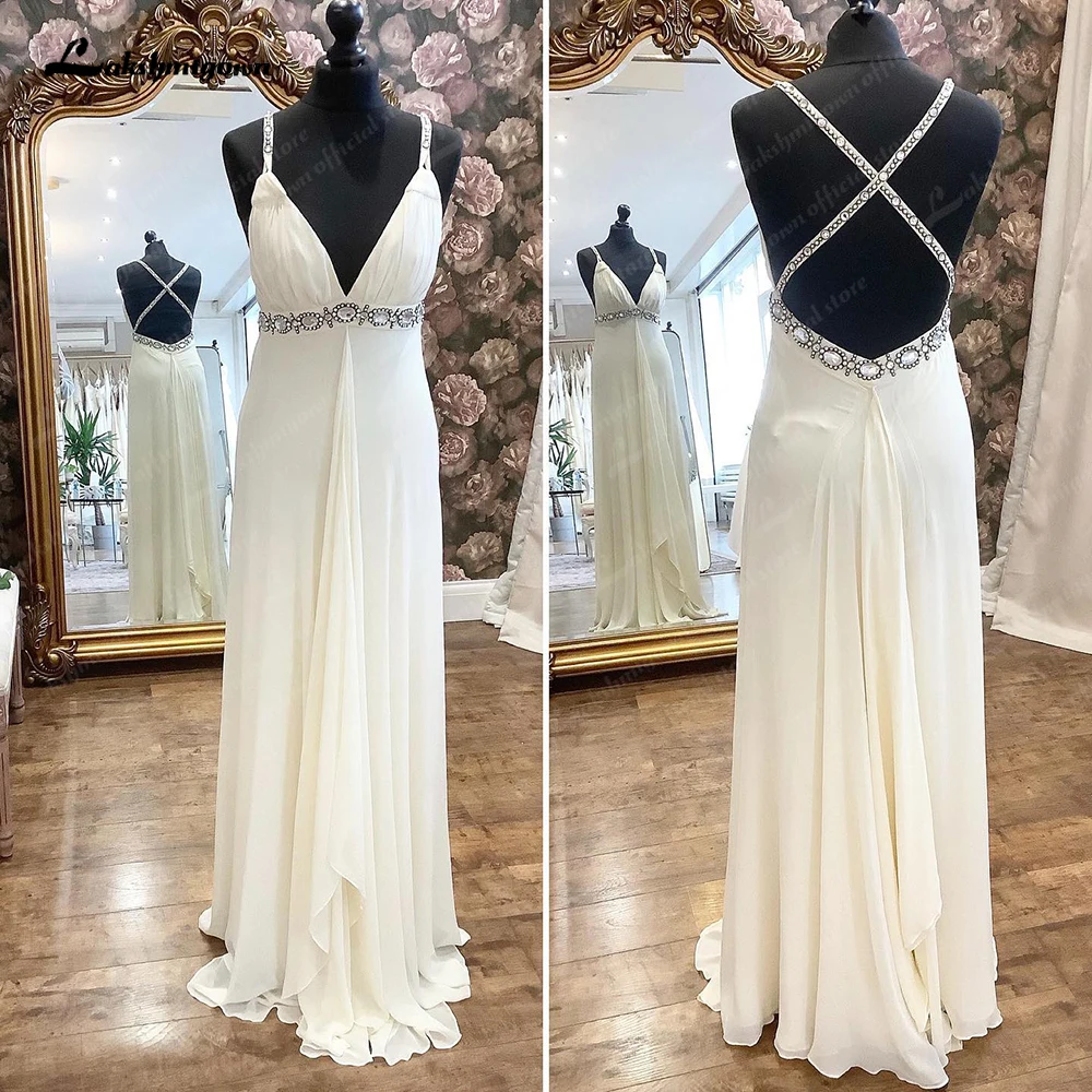 Lakshmigown bescheiden eine Linie Chiffon langen Strand Brautkleid V-Ausschnitt Vestido Novias sexy Braut Boho Brautkleider