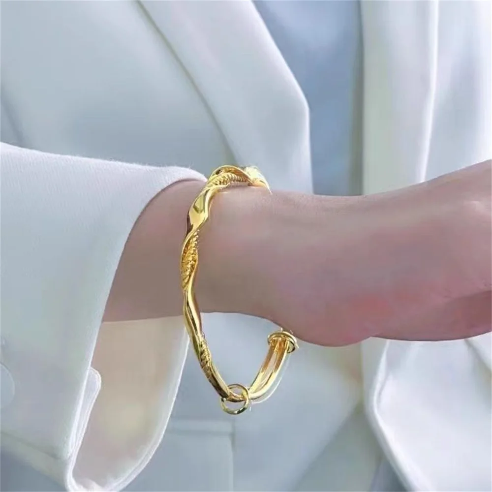 OUYADI 14K Gold Plated Stainless Steel Slider Adjustable Twisted Rope Weave Bracelet, Glossy Fashion Women Jewelry Gift