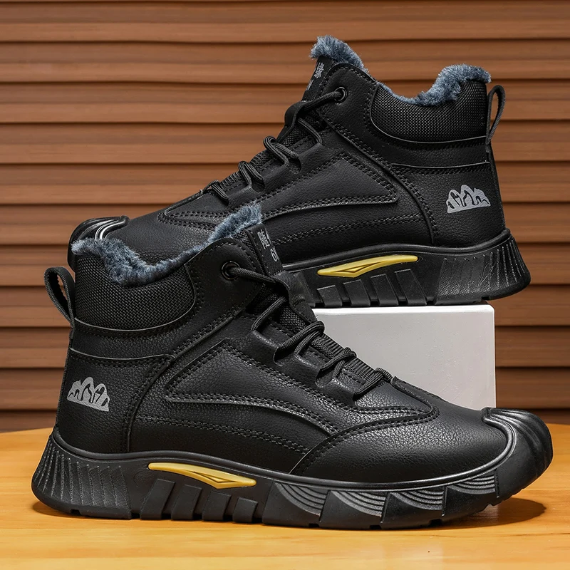 Botas de cuero para hombre Moda de invierno Confort Calor Ocio diario Zapatos para caminar al aire libre Botas planas de algodón cálidas para invierno para hombres