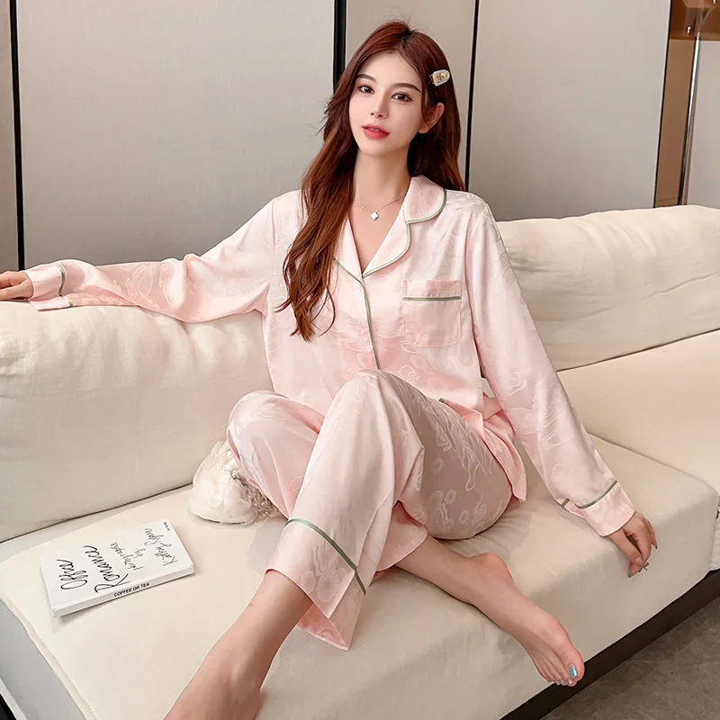 Eenvoudige Mode Nachtkleding Casual Lange Mouwen Broek Pyjama Set Donkere Bedrukte Huiskleding Herfst Satijnen Loungewear Nachtkleding