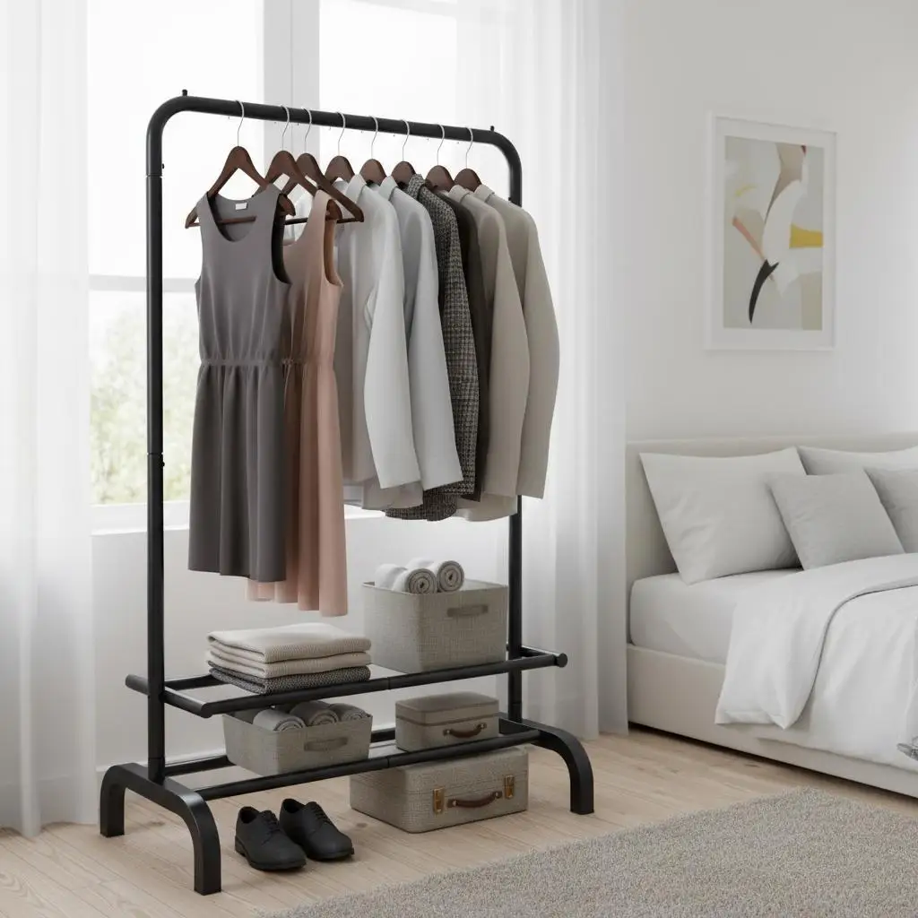 

Прочный органайзер для гардероба 42 см (глубина) x 110 см (ширина) x 145 см (высота) для спальни, гостевой комнаты, бутика, металлическая вешалка для одежды, нижняя полка для хранения