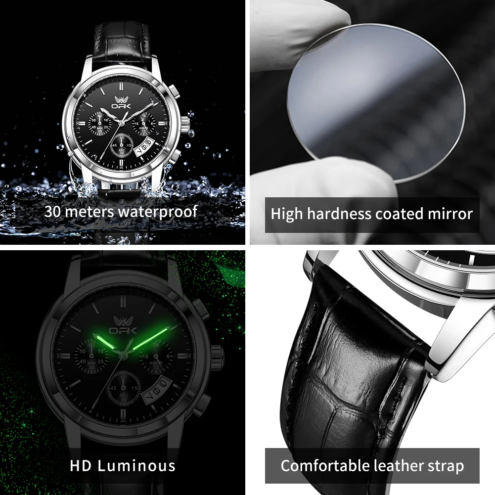 OPK 6051 ساعة رجالي بسيطة أصلية ساعة كوارتز الفولاذ المقاوم للصدأ تاريخ الساعات للرجل مقاوم للماء مضيئة هدايا رجالي Reloj
