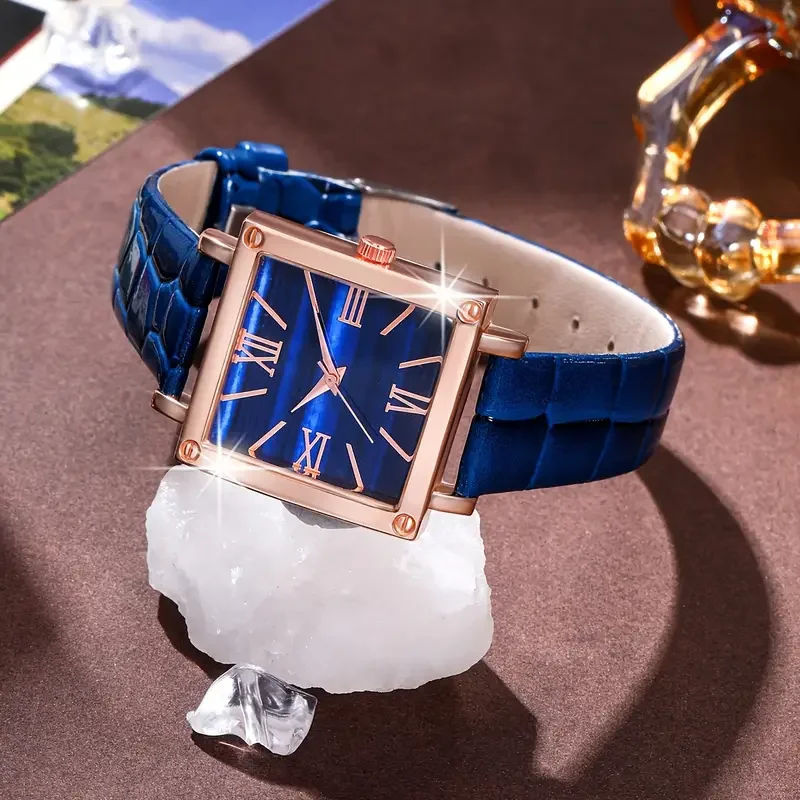 5 قطعة/المجموعة ساعات نسائية موضة ساحة حلقة من جلد كوارتز ساعة حجر الراين طقم مجوهرات (بدون صندوق) #2