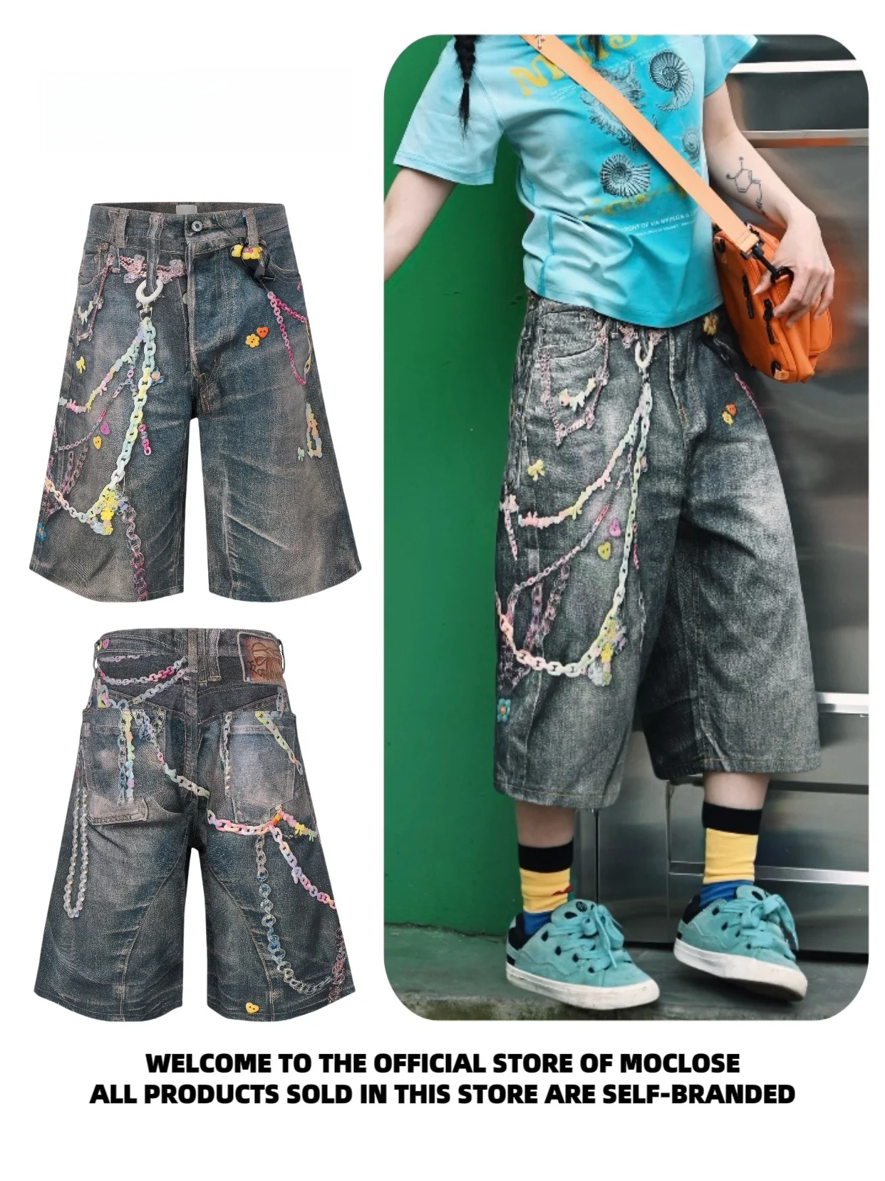 

Moclose American Street Sle Candy Chain Print Casual Loose Leggings orts for Men And Women Spring Summer Straight Leg Sev...