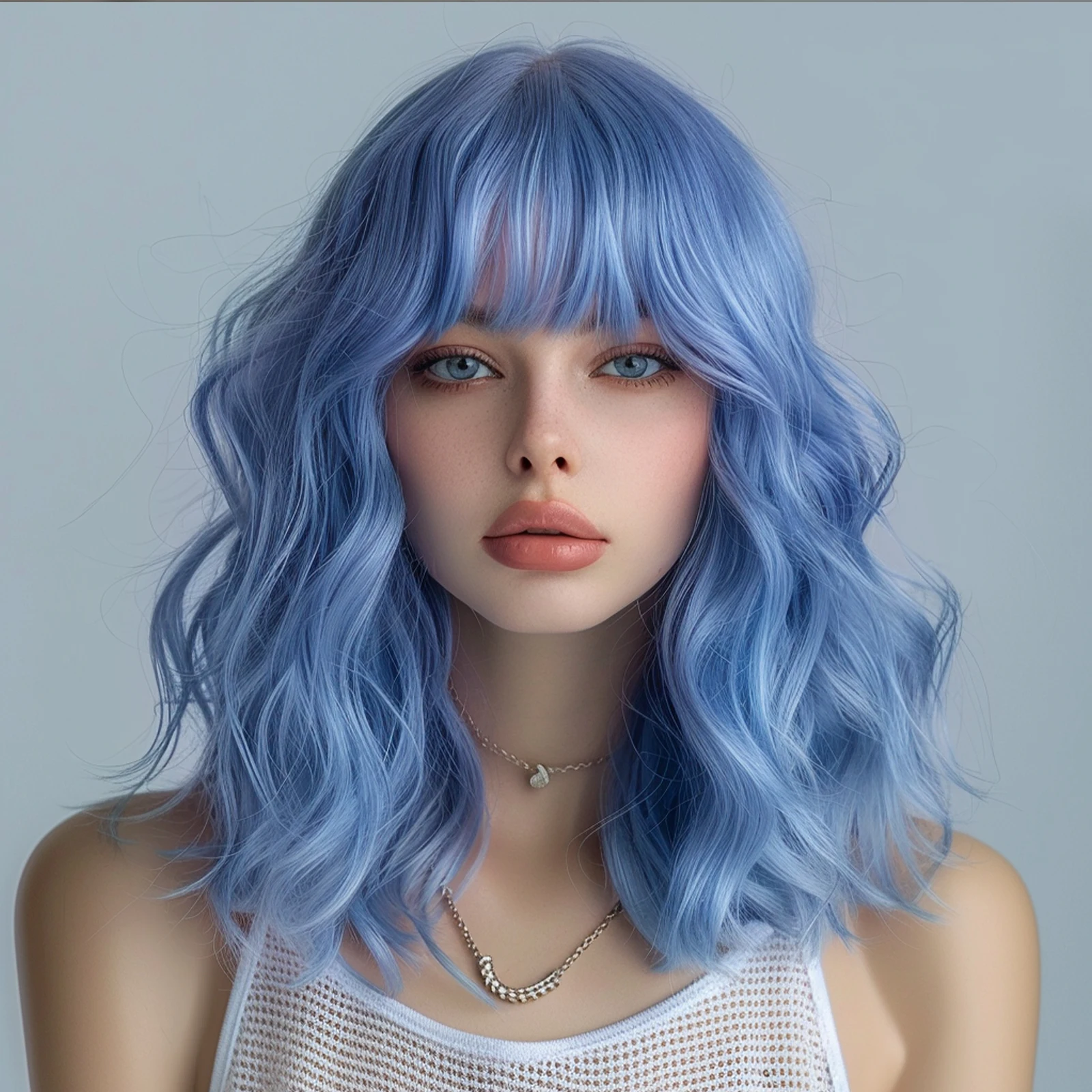 

Sky Blue Short Bob Wigs for Women Synthetic Wavy Curly Wigs with Bangs Cosplay Halloween Blue Wig Natural Heat Resistant Hair