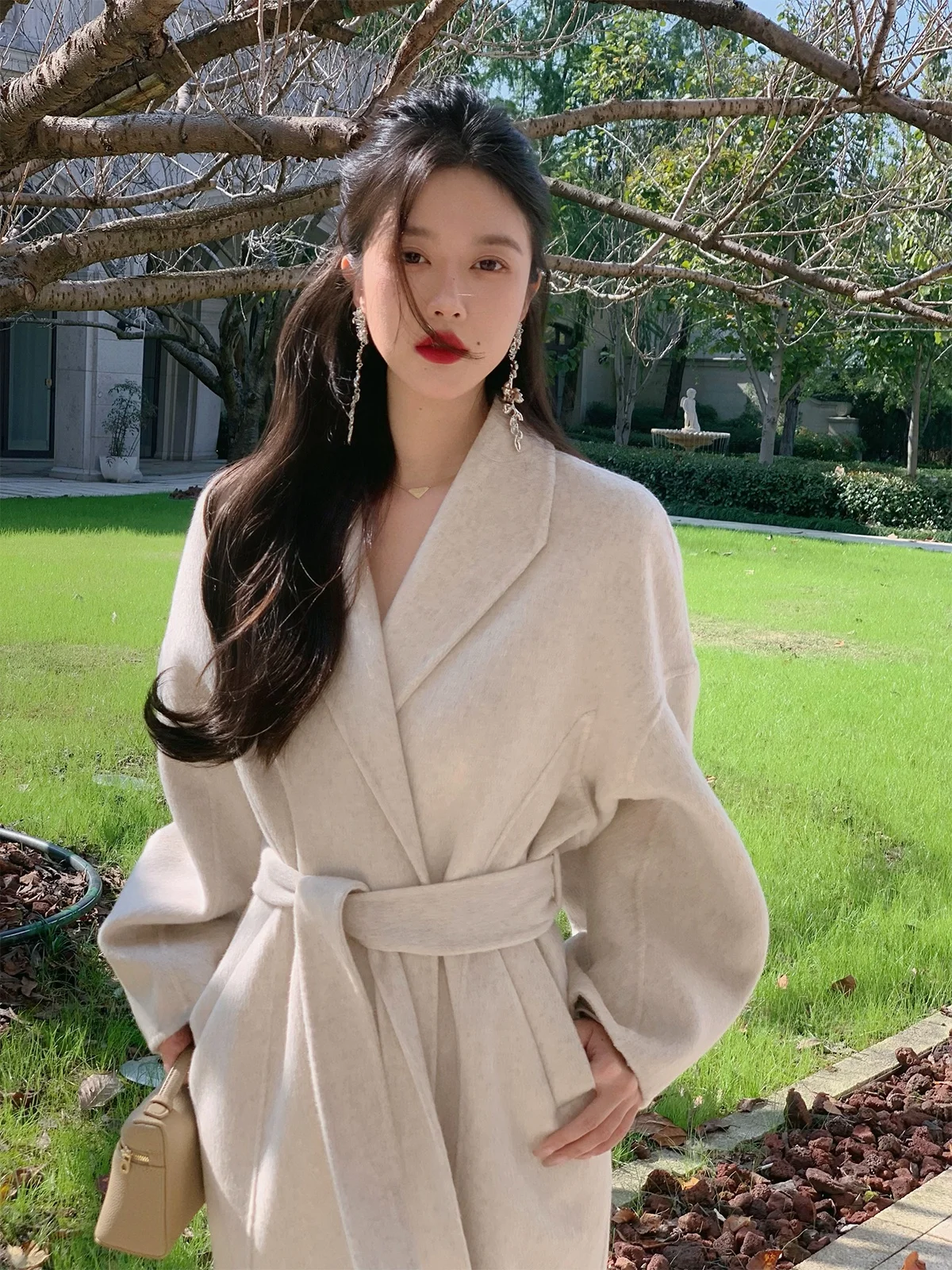 

Florr Playa Winter Double-Faced Woolen Coat Women's Premium Feeling Long Length V-Ne Full Wool Silk pe Outerwear