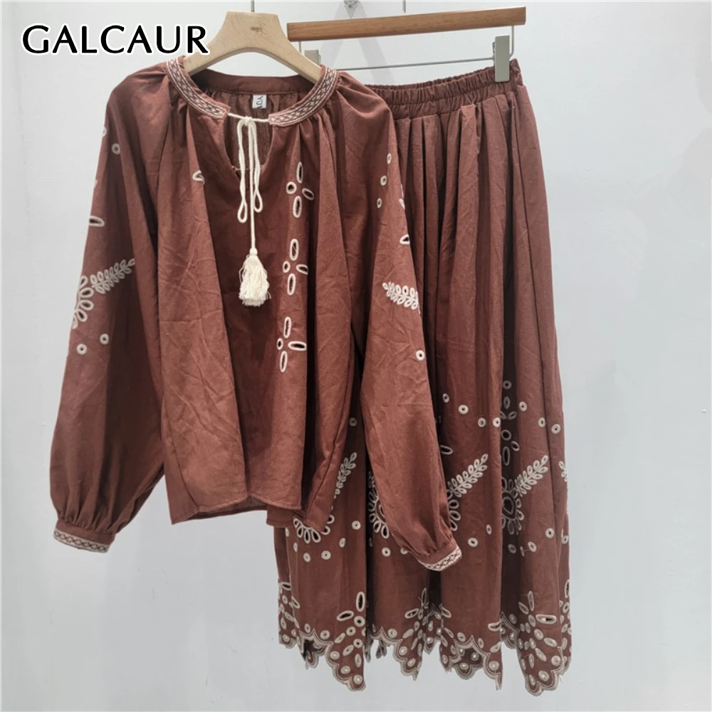 

GALCAUR однотонный комплект из двух предметов, женская рубашка с круглым вырезом и длинным рукавом, свободная женская юбка в стиле бохо с высокой талией, стильные комплекты