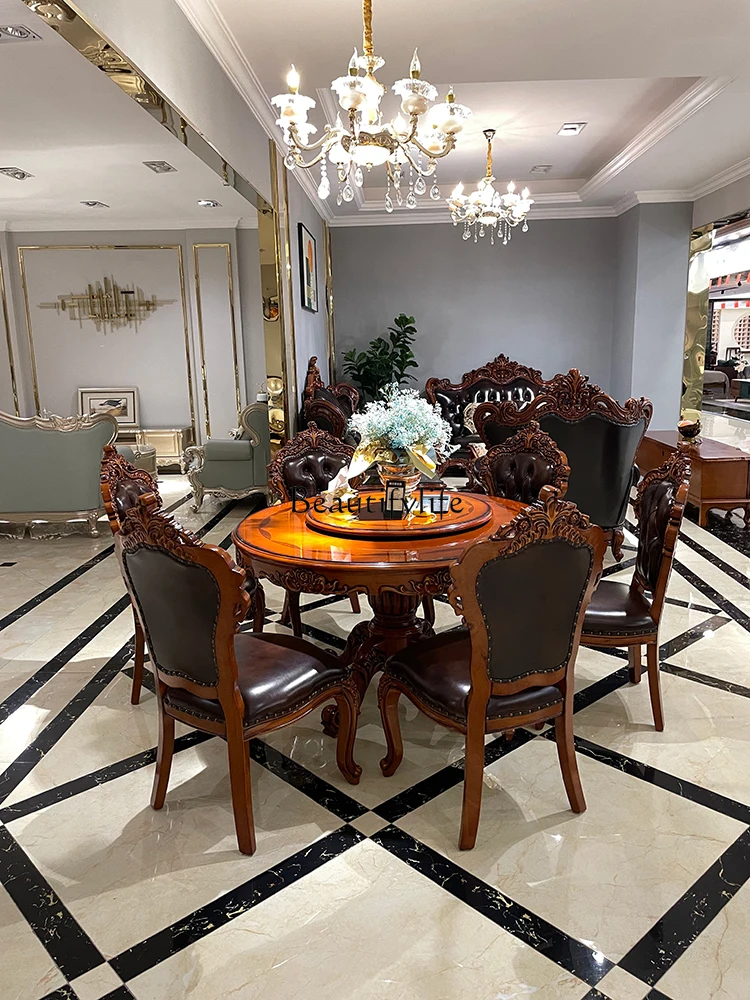 European-Style Solid Wood Dining Tables and Chairs Neoclassical Villa Living Room Luxury Carved Dark Color