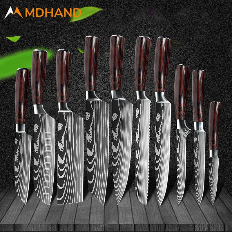 

High Carbon Stainless Steel Kitchen Knife Set, Laser Damascus Pattern, Slicing Knife, Japanese Santoku Utility Knife, 7CR17 440C